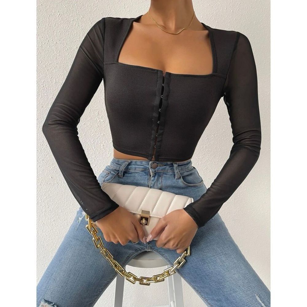 Sheer Long Sleeve Corset Crop Top Square Neck Black Large